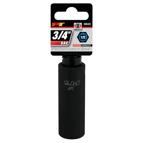 Performance Tool M845 1/2 Drive Impact Socket, 3/4-Inch Drive, 6-Point, Deep, Chrome Vanadium Steel Construction for Heavy-Duty Jobs - size: 3/4", style: Deep Wall Impact