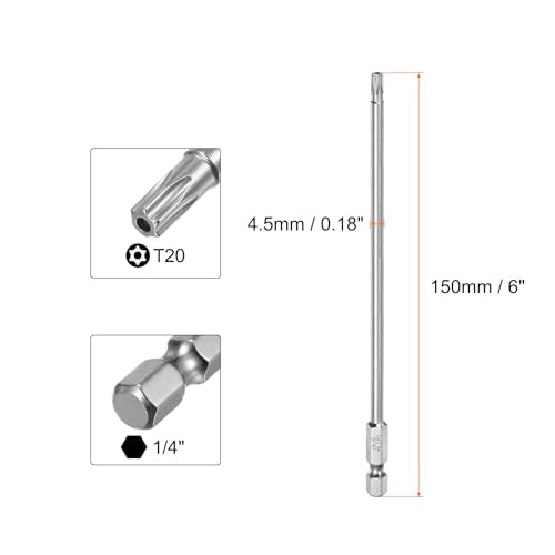 HARFINGTON 2pcs T20 Security Torx Bit 1/4" Hex Shank 6" Long S2 Steel Magnetic Tamper Resistant Star Bits Screwdriver Torx Head with Hole for Driver Drill Bits Remove Fastening Screws - size: T20