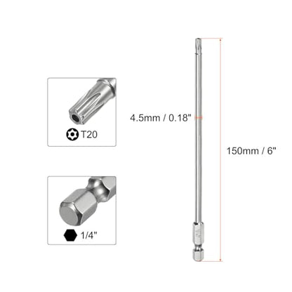 HARFINGTON 2pcs T20 Security Torx Bit 1/4" Hex Shank 6" Long S2 Steel Magnetic Tamper Resistant Star Bits Screwdriver Torx Head with Hole for Driver Drill Bits Remove Fastening Screws - size: T20