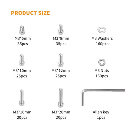 480 Pcs M3 Screws and Nuts and Washers Set, Hex Socket Head Cap Screws Nuts Washers Kit, Metric Bolts and Nuts Kit, Stainless Steel Machine Screws Assortment Kit, Fully Threaded Hex Nuts - size: M3