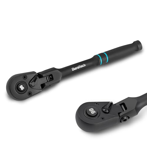 DURATECH 1/4-Inch Drive Flex-Head Ratchet, 90-Tooth Quick-Release Ratchet Wrench with 180° Pivoting Head and 7-Position Setting, Reversible, CR-V Made, CR-MO Head, 4° Swing, Black Mn Phosphate Finish - size: 1/4"(Black)