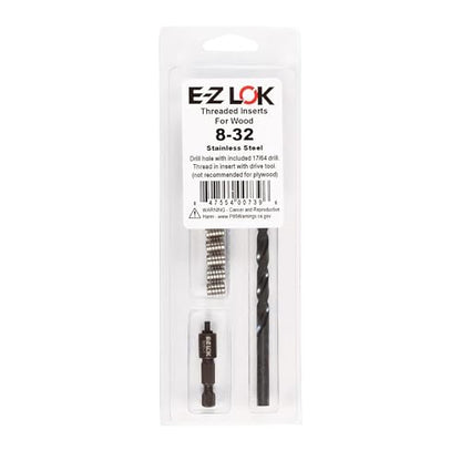E-Z LOK 400-008-CRThread Installation Kit for Wood Stainless Steel Threaded Inserts, Includes 8-32 Knife Thread Inserts (10), Drill, Installation Tool - size: 8-32