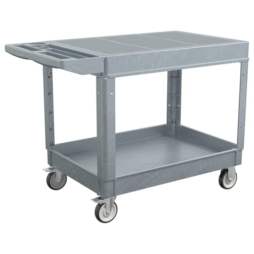 2 Tier Rolling Utility Cart on Wheels, 550 lbs Capacity Flat Top Plastic Tool Cart with Lipped Shelves, 46 x 26-Inch Heavy Duty Work Cart for Warehouse, Garage, Cleaning, Gray - color: Gray, size: Flat Top 46 x 26 Inch