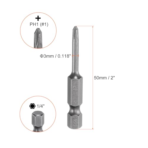 HARFINGTON 5pcs #1 Phillips Screwdriver Bit PH1 1/4" Hex Shank 2" (50mm) Long Magnetic S2 Steel Industrial Grade Screw Driver Bit Cross Head Electric Drill Bits 0.118" (3mm) Rod - size: PH1 x 50mm x 3mm