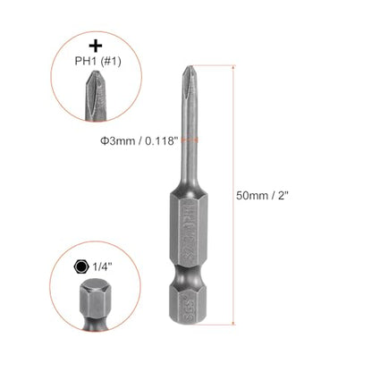 HARFINGTON 5pcs #1 Phillips Screwdriver Bit PH1 1/4" Hex Shank 2" (50mm) Long Magnetic S2 Steel Industrial Grade Screw Driver Bit Cross Head Electric Drill Bits 0.118" (3mm) Rod - size: PH1 x 50mm x 3mm