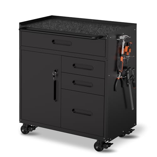 Metal Mobile Tool Storage Cabinet with 4 Drawers and 1 Locking Door,Black Heavy Duty Rolling Tool Cabinets for Garage,Metal Storage Cabinets with Wheels and Pegboard,Assembly Required - color: Black, style: 4 drawers 1 door with wheels