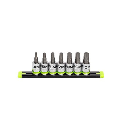 GRIPEDGE HEX Bit Socket Set | 7-PC - 3/8'' Drive Short Metric RPT Hex Driver Set | Sizes 4MM - 10MM | Made With S2 Steel | Includes Premium Aluminum Storage Rail |