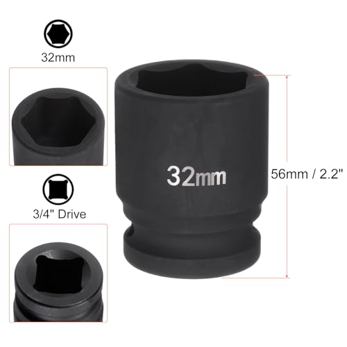 HARFINGTON 6-Point Impact Socket 3/4" Drive 32mm Metric 40Cr Alloy Steel Spindle Axle Nut Impact Socket - size: 32mm