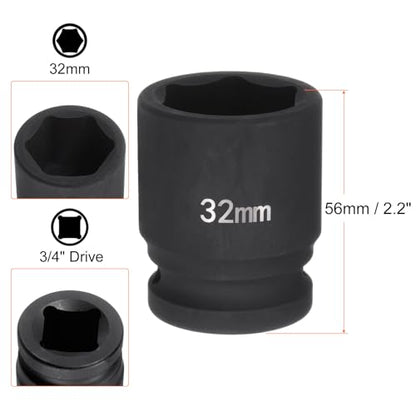 HARFINGTON 6-Point Impact Socket 3/4" Drive 32mm Metric 40Cr Alloy Steel Spindle Axle Nut Impact Socket - size: 32mm