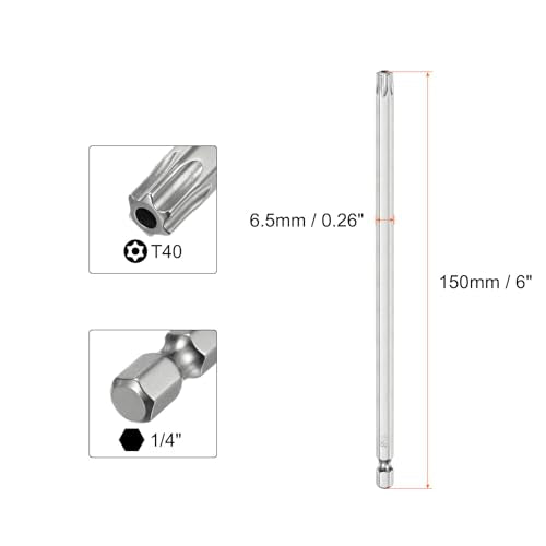 HARFINGTON 2pcs T40 Security Torx Bit 1/4" Hex Shank 6" Long S2 Steel Magnetic Tamper Resistant Star Bits Screwdriver Torx Head with Hole for Driver Drill Bits Remove Fastening Screws - size: T40