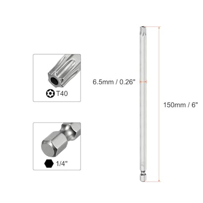 HARFINGTON 2pcs T40 Security Torx Bit 1/4" Hex Shank 6" Long S2 Steel Magnetic Tamper Resistant Star Bits Screwdriver Torx Head with Hole for Driver Drill Bits Remove Fastening Screws - size: T40