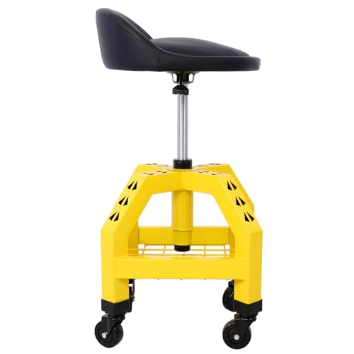 Heavy Duty Rolling Mechanics Stool for Garage with Casters 360° Swivel Shop Seat with Tool Tray Storage 300 LBS Capacity Yellow