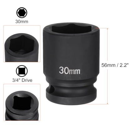 HARFINGTON 6-Point Impact Socket 3/4" Drive 30mm Metric 40Cr Alloy Steel Spindle Axle Nut Impact Socket - size: 30mm