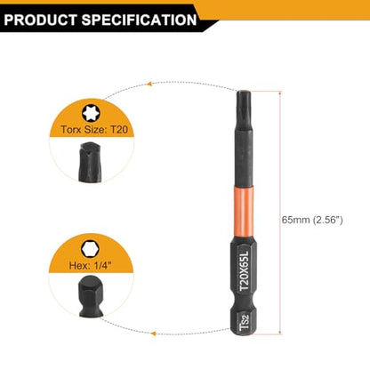 HARFINGTON 3pcs T20 Torx Head Screwdriver Bit 2.56" (65mm) Long 1/4" Hex Shank Magnetic No Hole Tamper Proof 6 Point Star Screw Driver Drill Bits Phosphate S2 Steel Industrial Power Tools - size: T20