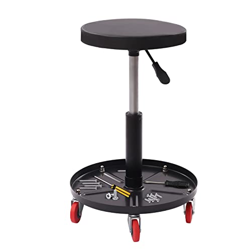 Adjustable Pneumatic Mechanic Roller Seat, Heavy Duty Roller Seat, Rolling Stool Chair Swivel with Tool Tray, Heavy Duty Casters and Tool Tray for Garage, Workshop and Auto Repair Shop,300lbs (Black)