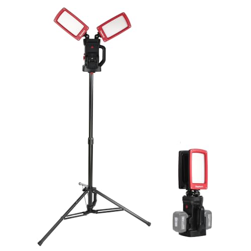 12000LM 85W Cordless LED Work Light, Dual-Head with Tripod, Compatible with Dewalt, Milwaukee, Makita 18–21V Battery, Flicker-Free, Glare-Free, Brightness Adjustable for Jobsite and Garage - color: Red, size: Cordless