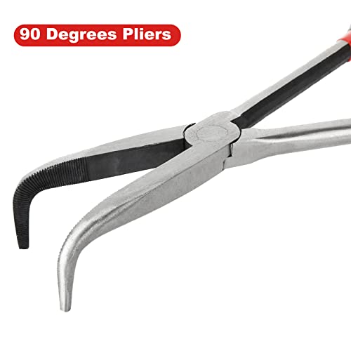 4 Pack Needle Nose Pliers Set, 11 inch Long Reach Plier, Straight Needle Noses Plier, 45 & 90 Degree Angle Curved Needle Nose Pliers,Spark Plug Removal Tool