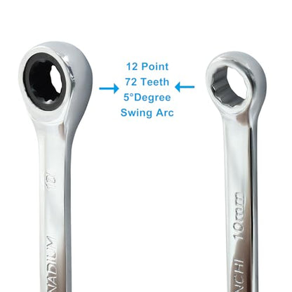 10mm Ratcheting Wrench 2 Pcs 72-Tooth 12-Point Chrome Plated | Forged 45# Carbon Steel Durable, 5-Degree Arc For Tight Spaces, 12-Point Protects Fasteners, Polished Chrome Anti-Rust - size: 0.39 Inch
