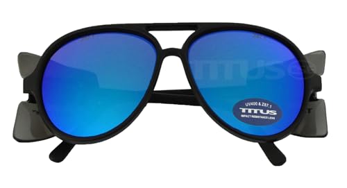 TITUS G35 Retro Aviator Z87 DOT ANSI CE Approved Safety Glasses | W/Protective Side Shields, UV400 Polycarbonate Lenses, Flexible Nylon Stems, Eye Protection, Sunglasses, Motorcycle, Shooting - color: New Blue Rev Over Mirror Smoke