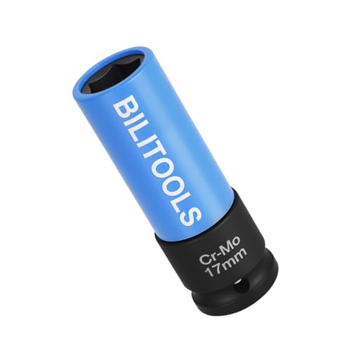 BILITOOLS 17mm Lug Nut Socket, 1/2" Drive Thin Wall Impact Socket | Non-Marring Sleeve, 6-Point Cr-Mo Wheel Socket for Tire Changes, Rims and Auto Repair - size: 17MM