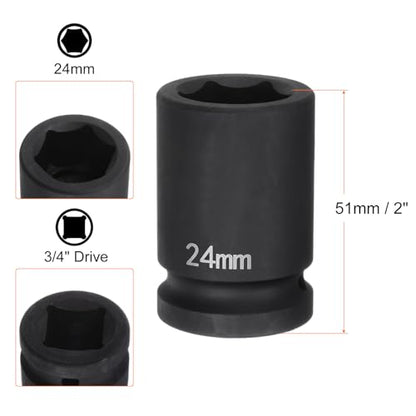 HARFINGTON 6-Point Impact Socket 3/4" Drive 24mm Metric 40Cr Alloy Steel Spindle Axle Nut Impact Socket - size: 24mm