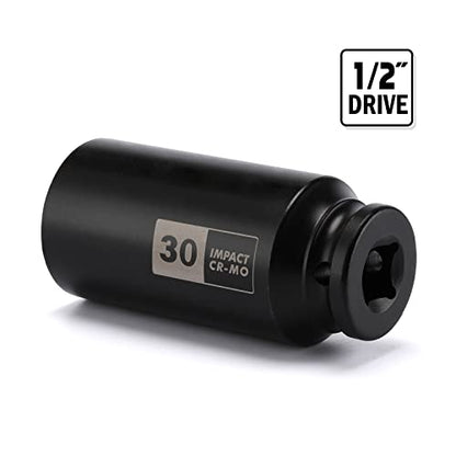 EMENTOL 1/2 Inch Drive Deep Spindle Axle Nut Impact Socket, CR-MO, 12 Point, Metric, Deep 12PT Impact Socket - 30mm - size: 30mm