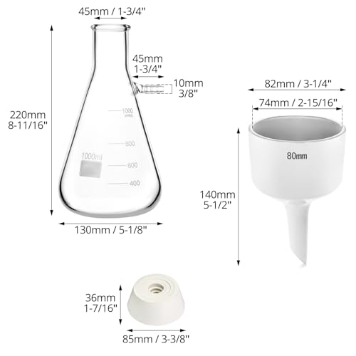 QWORK 1000ML Buchner Funnel Kit Filter Flask Set, 1L Vacuum Flask 80mm Funnel, Borosilicate Glass Heavy Wall Filtering Flask