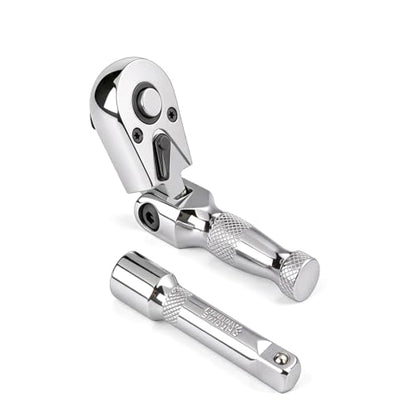 Stubby Flex Head 3/8" Drive Ratchet Wrench, 90T Mini Ratchet, Quick-Release Reversible with Cr-Mo Head and 3" Extension Bar for Tight Spaces - size: 3/8" Stubby