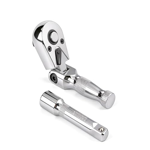 Stubby Flex Head 3/8" Drive Ratchet Wrench, 90T Mini Ratchet, Quick-Release Reversible with Cr-Mo Head and 3" Extension Bar for Tight Spaces - size: 3/8" Stubby