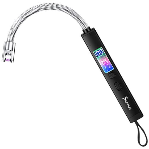 SUPRUS Electric Candle Lighter USB-C Rechargeable with Digital Battery Display Ambient Lighting Safety Switch 360° Flexible Neck Flameless Plasma Windproof Perfect for Candle BBQ Camping (Black) - color: Black