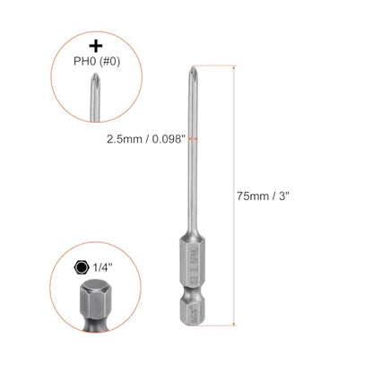 HARFINGTON 5pcs #0 Phillips Screwdriver Bit PH0 1/4" Hex Shank 3" (75mm) Long Magnetic S2 Steel Industrial Grade Screw Driver Bit Cross Head Electric Drill Bits 0.098" (2.5mm) Rod - size: PH0 x 75mm x 2.5mm