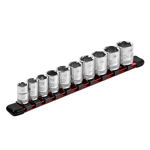 ARES 70135 3/8-In Red Socket Rail 9.84-In | Part No. 70135; Store up to 10 Sockets and Keep Your Tool Box Organized - color: Red, size: 3/8" Drive 9.84" Aluminum Socket Rail