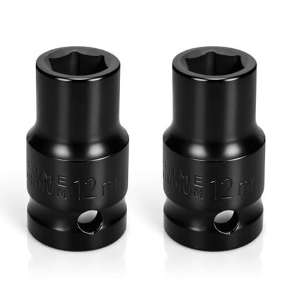 2PCS 12mm Impact Socket 1/2" Drive, 6 Point Metric Shallow Socket, CR-V Steel Heavy Duty Impact Wrench Socket for Automotive Repair - size: 12mm