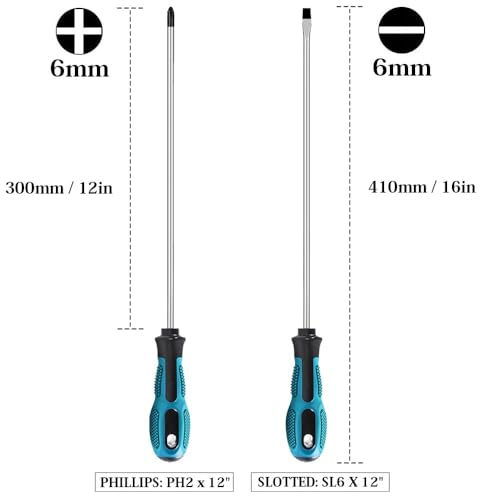 Extra Long Phillips & Flat Screwdriver Set 300mm, Fixinus 12-Inch Long Flat Blade & Cross-Head Design, 6mm Tip Magnetic Screwdriver with Rubber Handle - color: Black & Green