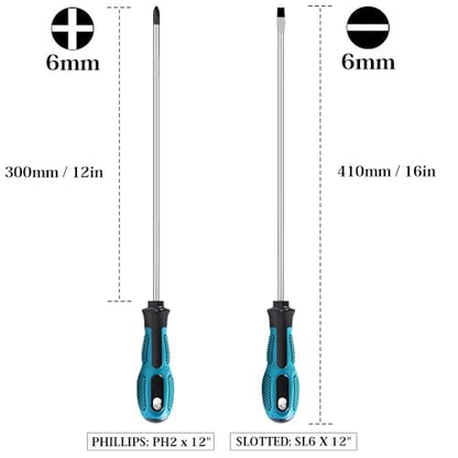 Extra Long Phillips & Flat Screwdriver Set 300mm, Fixinus 12-Inch Long Flat Blade & Cross-Head Design, 6mm Tip Magnetic Screwdriver with Rubber Handle - color: Black & Green