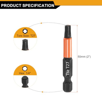 HARFINGTON 3pcs T27 Torx Head Screwdriver Bit 2" (50mm) Long 1/4" Hex Shank Magnetic No Hole Tamper Proof 6 Point Star Screw Driver Drill Bits Phosphate S2 Steel Industrial Power Tools - size: T27 x 50mm