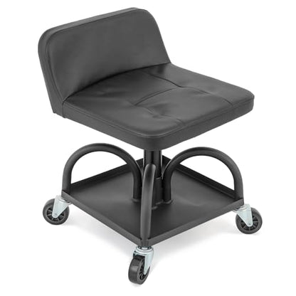 M-AUTO Padded Seat Garage Stool on Wheels, 16”-21” Height Adjustable Swivel Mechanics Seat with Tool Tray Storage for Garage and Garden, 300lbs Capacity - size: 21" Square