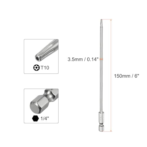 HARFINGTON 2pcs T10 Security Torx Bit 1/4" Hex Shank 6" Long S2 Steel Magnetic Tamper Resistant Star Bits Screwdriver Torx Head with Hole for Driver Drill Bits Remove Fastening Screws - size: T10
