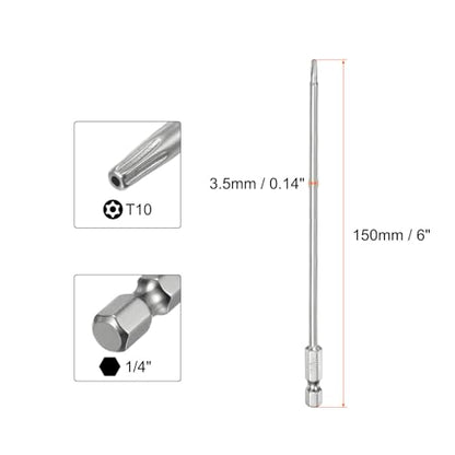 HARFINGTON 2pcs T10 Security Torx Bit 1/4" Hex Shank 6" Long S2 Steel Magnetic Tamper Resistant Star Bits Screwdriver Torx Head with Hole for Driver Drill Bits Remove Fastening Screws - size: T10