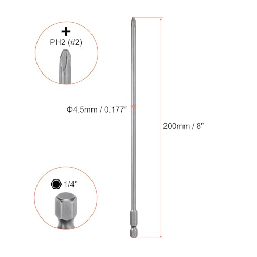 HARFINGTON 2pcs #2 Phillips Screwdriver Bit PH2 1/4" Hex Shank 8" (200mm) Long Magnetic S2 Steel Industrial Grade Screw Driver Bit Cross Head Electric Drill Bits 0.177" (4.5mm) Rod - size: PH2 x 200mm x 4.5mm