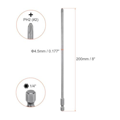HARFINGTON 2pcs #2 Phillips Screwdriver Bit PH2 1/4" Hex Shank 8" (200mm) Long Magnetic S2 Steel Industrial Grade Screw Driver Bit Cross Head Electric Drill Bits 0.177" (4.5mm) Rod - size: PH2 x 200mm x 4.5mm