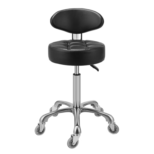 Kaleurrier Rolling Stool with Back Rest, Swivel Chair Adjustable Height, Heavy Duty Stools for Kitchen Salon Bar Office Garage Shop Massage (with Back Rest) (Black) - color: Black