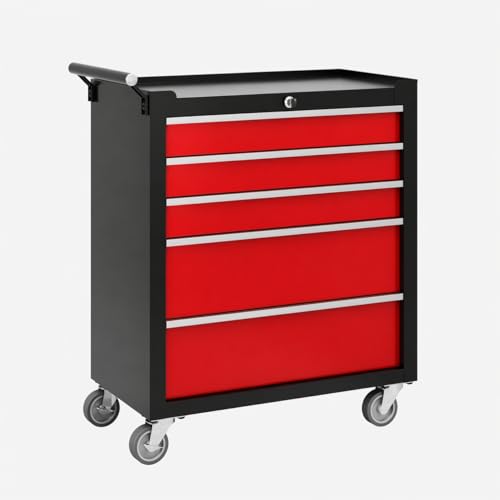 Garvee Rolling Tool Chest, 5 Drawers Tool Storage Cabinet, Toolbox with Wheels, Portable Tool Cabinet Organizer with Locking System & Drawer Liners, Tool Storage Cart for Garage, Workshop, Black＆Red - color: Black＆red, size: 5 Drawers