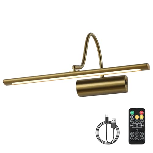 JOOSENLUX Battery Operated Picture Lights Gold Wall Lights Wireless Flexible Neck with Remote Rechargeable Wall Lights for Pictures 16" Dimmable Display Art Light with Timer 3000K Brass - color: Brass, size: Model A