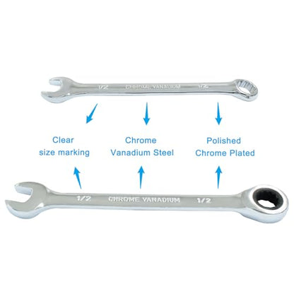 1/2 Inch Ratcheting Wrench 2 Pcs 72-Tooth 12-Point Chrome Plated | Forged 45# Carbon Steel Durable, 5-Degree Arc For Tight Spaces, 12-Point Protects Fasteners, Polished Chrome Anti-Rust - size: 0.50 Inch