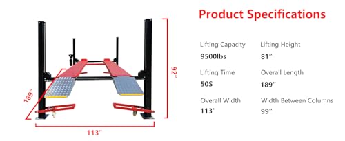 KT-4H950 3.0 HP Heavy Duty with Oil Tray, Jack Tray 84.5'' lifting Height 4 Post Car Lift Auto Parking Lift Aluminous Ramp with Casters
