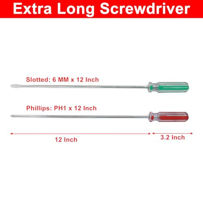 12 Inch Extra Long #2 Phillips & 6mm Slotted Screwdriver 2-Piece Set, Magnetic Tip Flat Blade Cross-head Screwdrivers (Red, Green) - size: 12 Inch #2 (Phillips+Slotted)