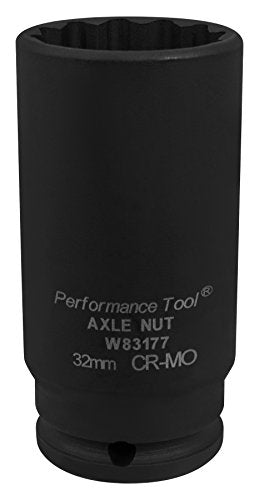 Performance Tool W83177 32MM Chrome Moly Axle Nut Socket for 6pt and 12pt Axle Nuts, Extra Deep Broach for Clearance, Designed for Air Impact Tool - style: 32mm