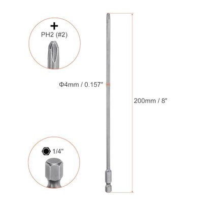 HARFINGTON 2pcs #2 Phillips Screwdriver Bit PH2 1/4" Hex Shank 8" (200mm) Long Magnetic S2 Steel Industrial Grade Screw Driver Bit Cross Head Electric Drill Bits 0.157" (4mm) Rod - size: PH2 x 200mm x 4mm