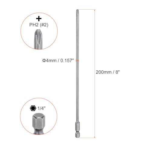 HARFINGTON 2pcs #2 Phillips Screwdriver Bit PH2 1/4" Hex Shank 8" (200mm) Long Magnetic S2 Steel Industrial Grade Screw Driver Bit Cross Head Electric Drill Bits 0.157" (4mm) Rod - size: PH2 x 200mm x 4mm
